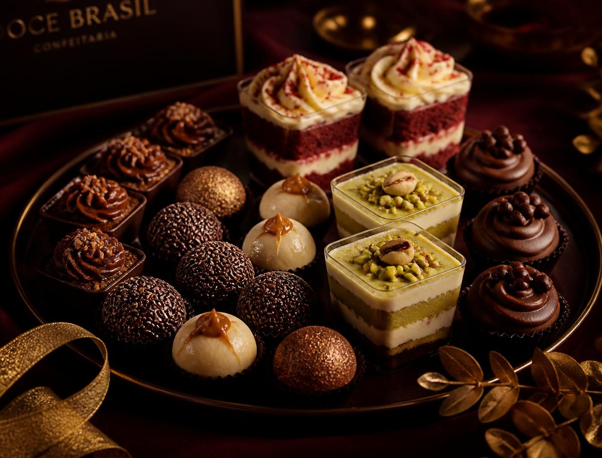 Bandeja de doces gourmet da Doma com brigadeiros, trufas e copinhos de sobremesa